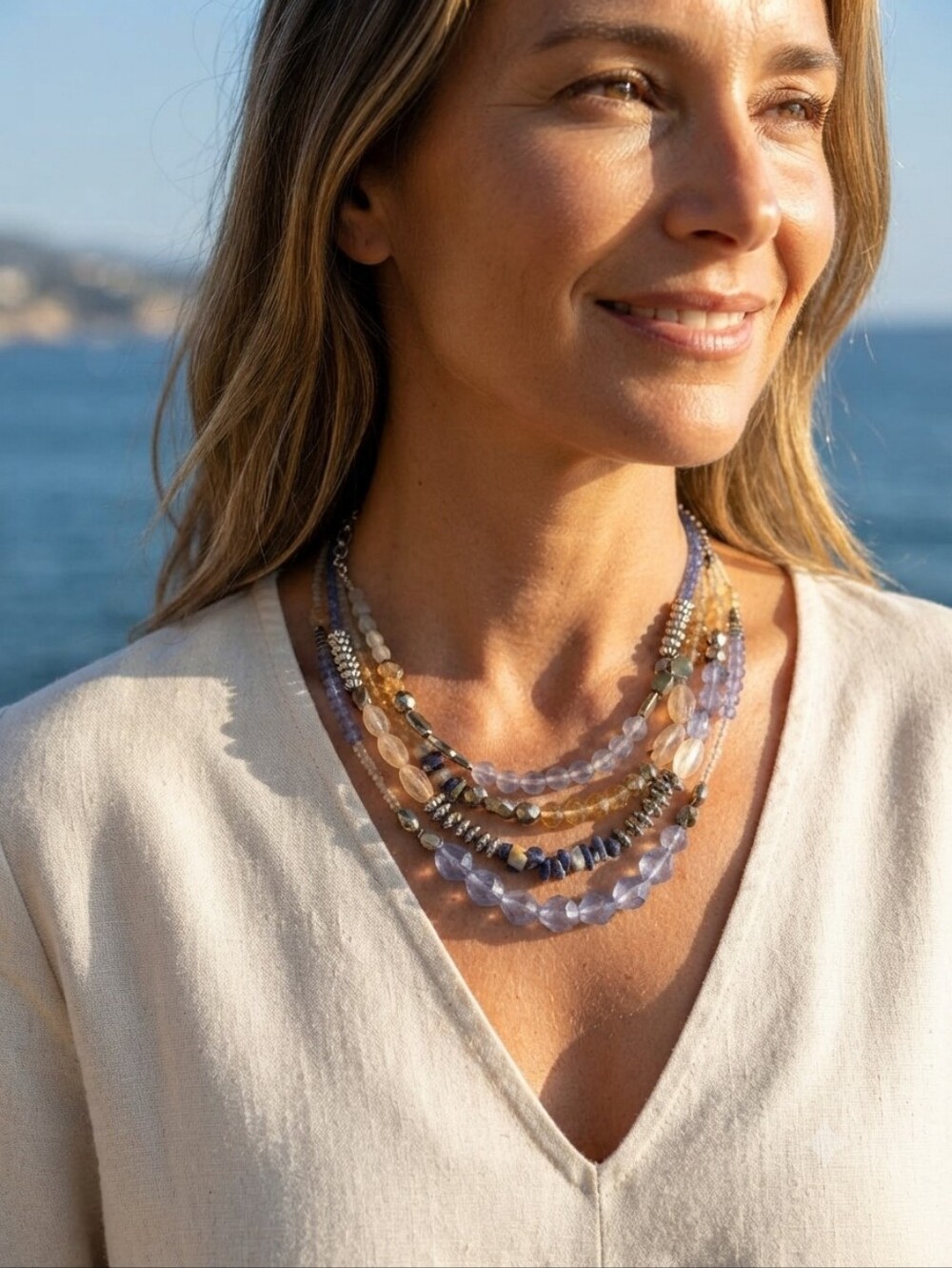 Multi-Strand Lavender and Champagne Beaded Necklace